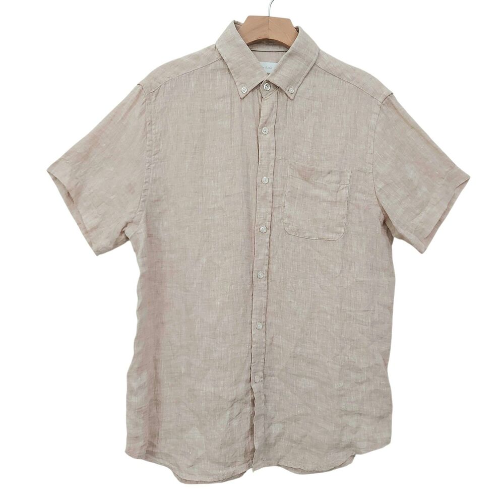 Porter & Ash Linen Shirt Mens Medium Beige Short Sleeve Button Up Casual Coastal